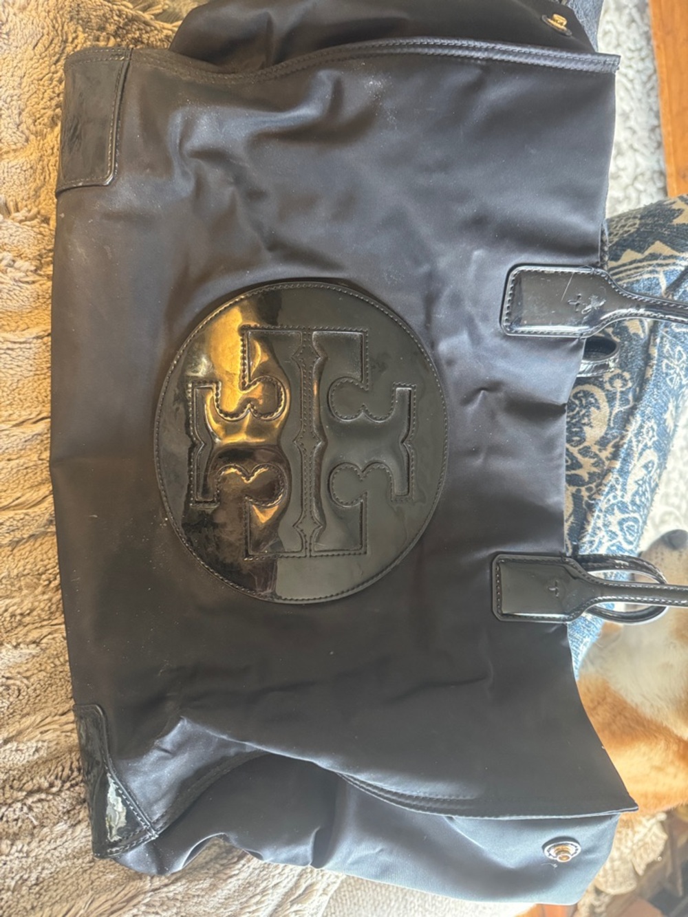 Tory Burch Black Nylon Tote with Patent Logo